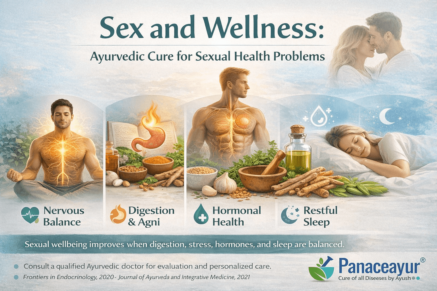 Ayurvedic framework showing how digestion, stress regulation, hormonal balance, and sleep influence sexual health