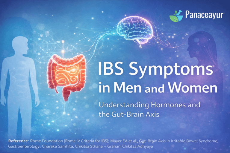 IBS symptoms in men and women illustrated through the gut brain axis, showing digestive system and brain connection influenced by hormones and stress