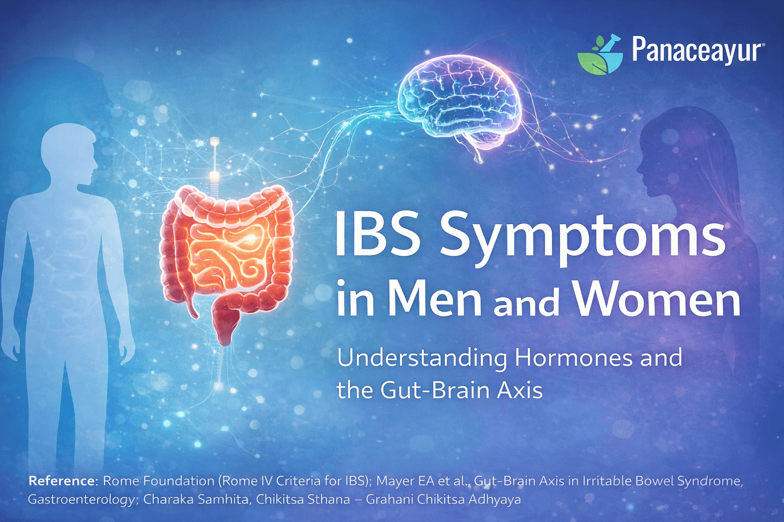 IBS symptoms in men and women illustrated through the gut brain axis, showing digestive system and brain connection influenced by hormones and stress