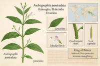 Educational botanical illustration of kalmegh (andrographis paniculata), showing lanceolate leaves, quadrangular stem, tubular flower, seed capsule, native distribution map, and medicinal properties as the “king of bitters” with antiviral, liver-protective, and immune-strengthening benefits.
