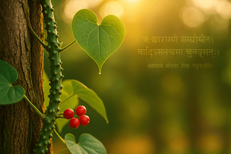 Close-up of Guduchi (Tinospora cordifolia) vine with heart-shaped green leaf, red berries, and textured stem climbing a tree in golden sunlight, featuring faint Sanskrit shloka overlay from Charaka Samhita.