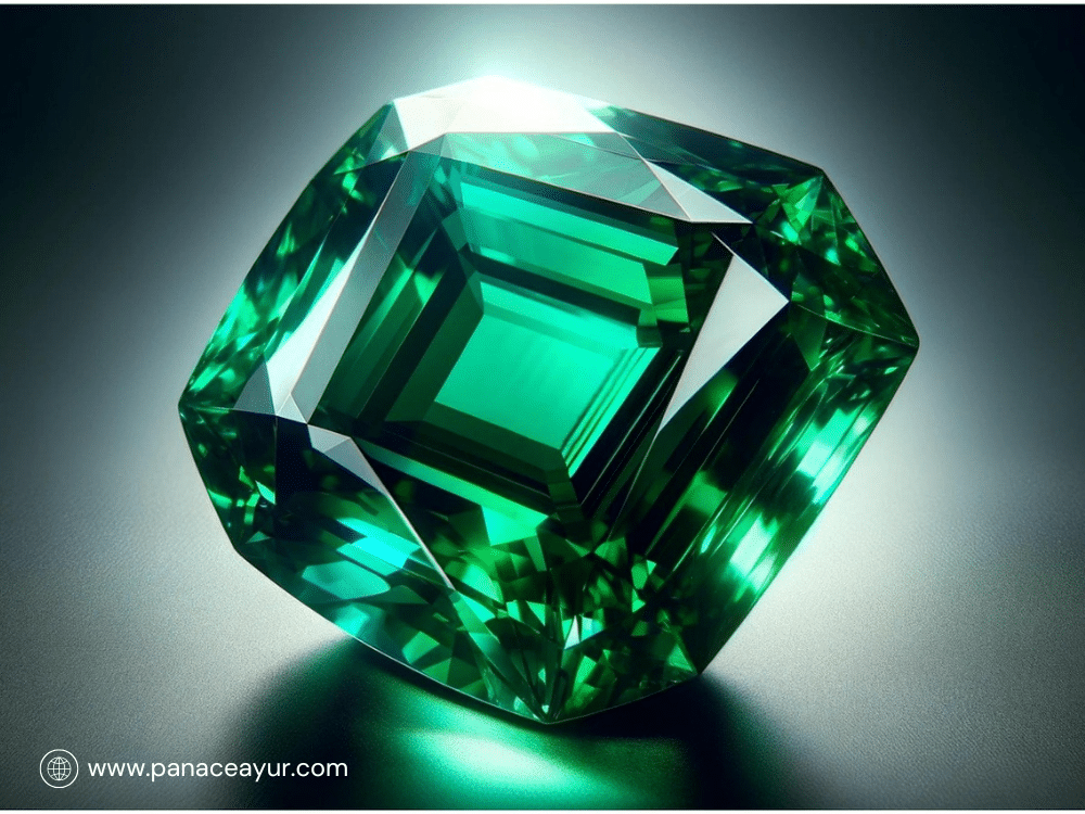 High-resolution visual of a raw emerald crystal, representing the base mineral for Tarthya Bhasma, traditionally known in Ayurveda for its detoxifying and calming properties.