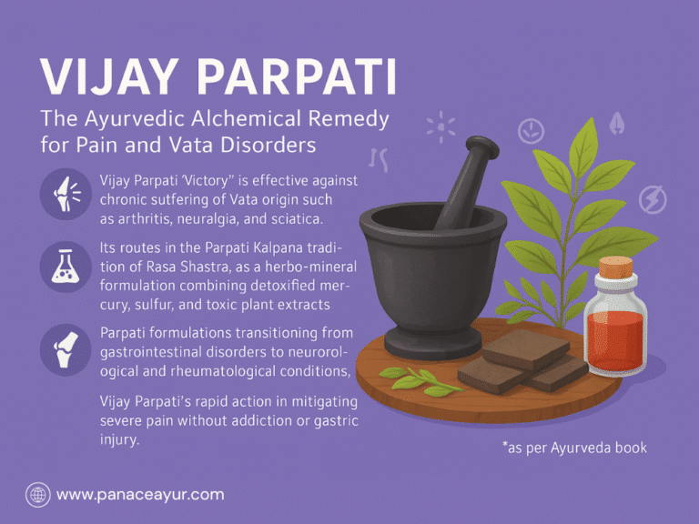 Vijay Parpati is a potent Ayurvedic remedy for rheumatoid arthritis, IBS, asthma, and paralysis. Made from purified mercury, sulfur, aconite, and borax, it boosts digestion, clears toxins, and balances Vata-Kapha. Backed by classical Rasashastra, it works deeply to relieve inflammation, breathlessness, joint pain, and nerve weakess.