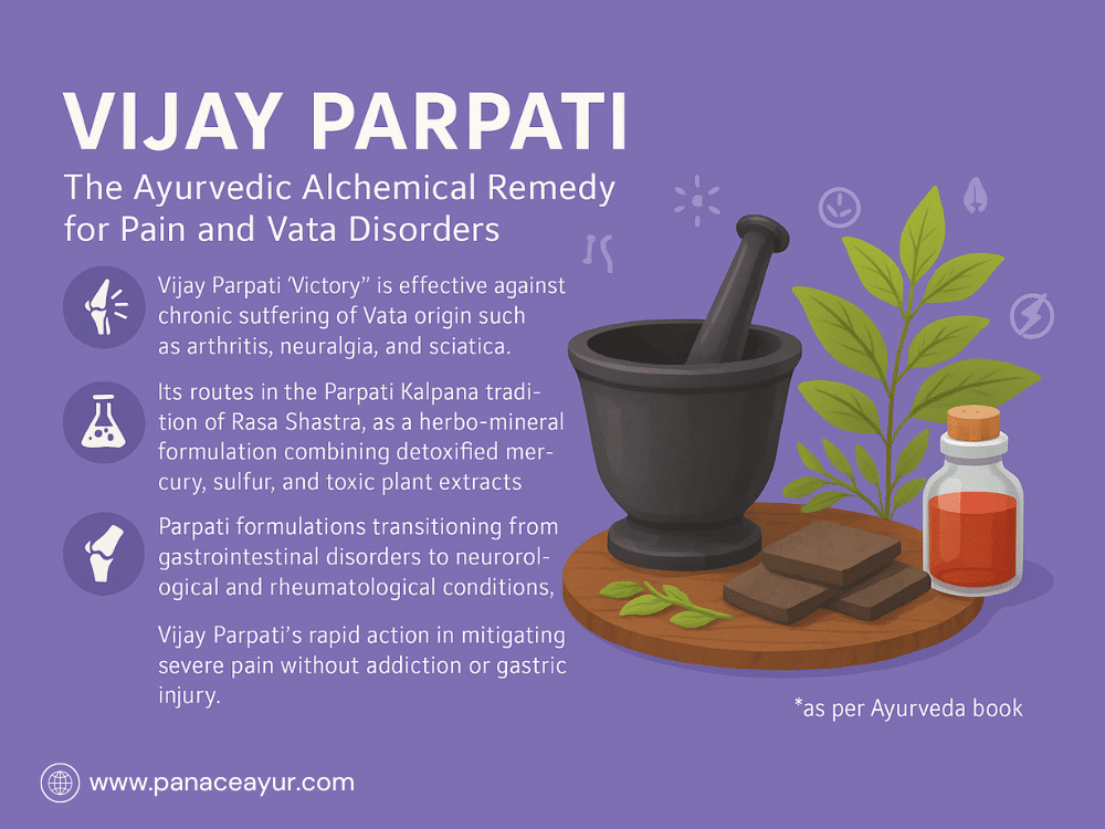 Vijay Parpati is a potent Ayurvedic remedy for rheumatoid arthritis, IBS, asthma, and paralysis. Made from purified mercury, sulfur, aconite, and borax, it boosts digestion, clears toxins, and balances Vata-Kapha. Backed by classical Rasashastra, it works deeply to relieve inflammation, breathlessness, joint pain, and nerve weakess.