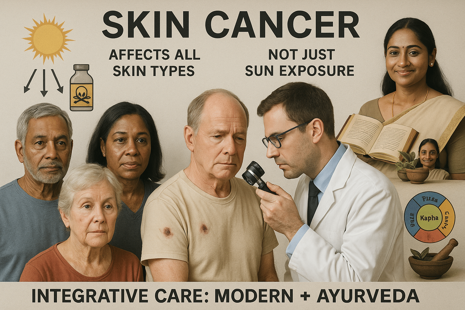 Skin Cancer: Integrative Diagnosis And Ayurvedic Cure 1 Skin cancer screening and ayurvedic consultation for diverse patients showing lesions on different skin types