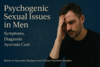 Distressed man experiencing psychogenic sexual dysfunction, with overlaid text highlighting symptoms, diagnosis, and Ayurvedic treatment options for male sexual health. Blue background features subtle brain-heart symbolic overlay and mandala patterns.