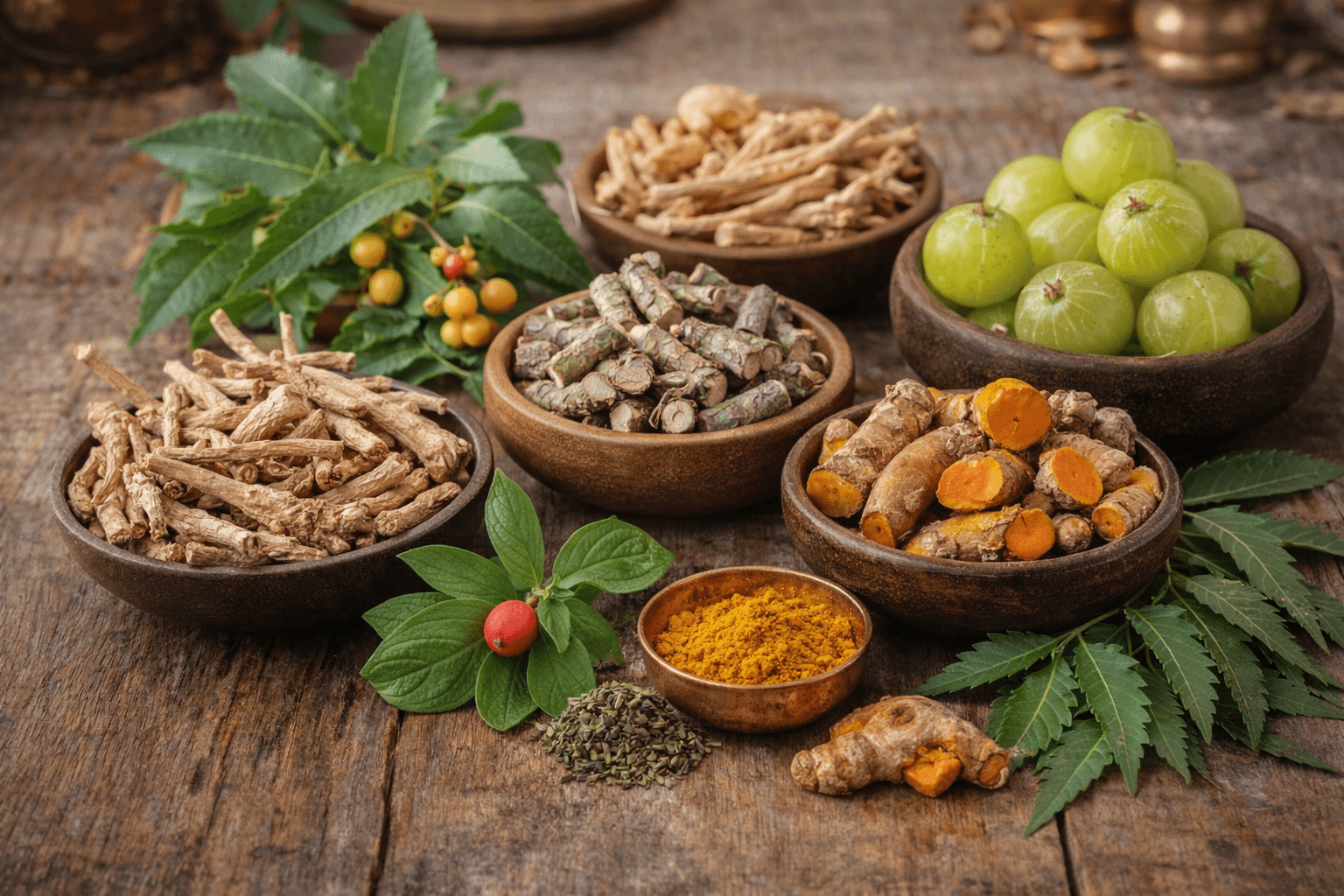 Traditional ayurvedic herbs including ashwagandha, guduchi, amalaki, turmeric, shatavari, and neem used to support immunity and reduce inflammation in autoimmune conditions