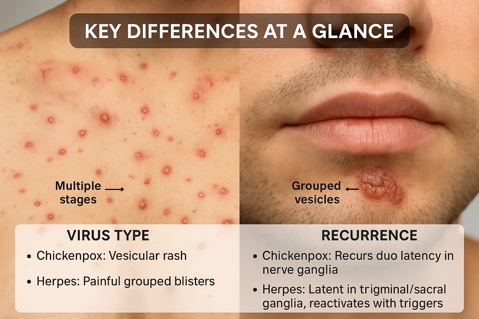 Chickenpox Vs Herpes: Key Differences, Symptoms, Spread, And Ayurvedic Cure 2 Key differneces at a glance