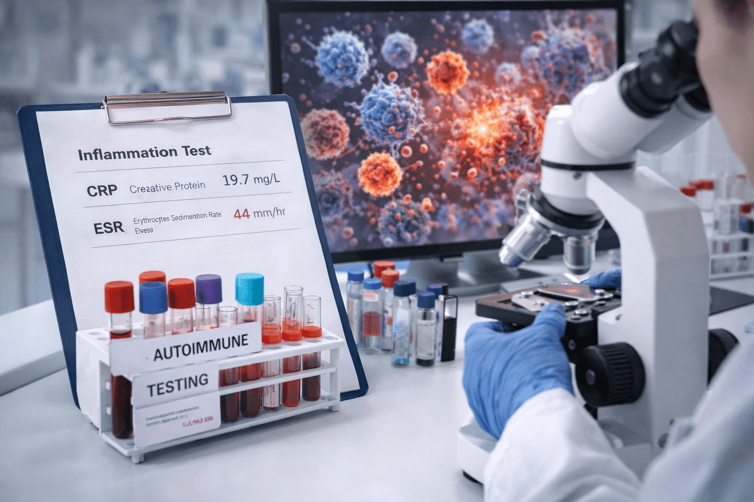 Clinical laboratory analysis of blood samples and immune markers such as crp and esr used to monitor chronic inflammation and recurrence in autoimmune disease