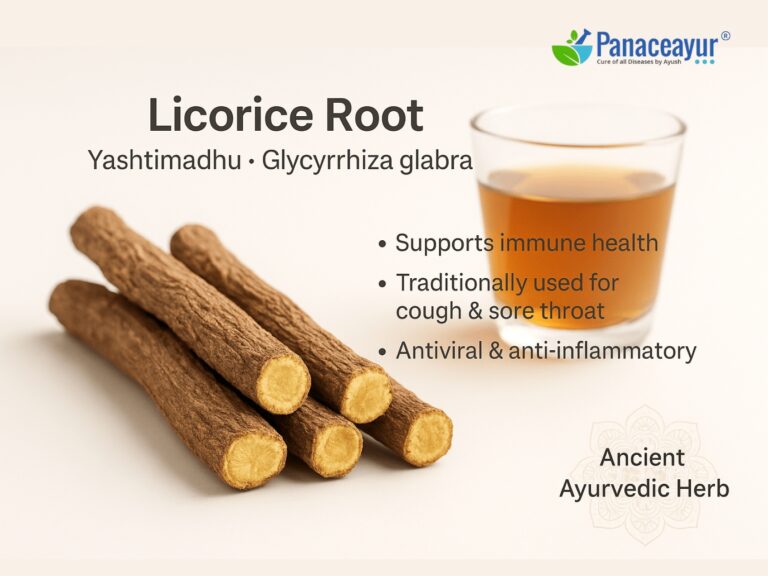 Licorice root sticks and a glass of herbal tea, with text highlighting its immune-supporting, throat-soothing, antiviral, and anti-inflammatory properties in Ayurveda.