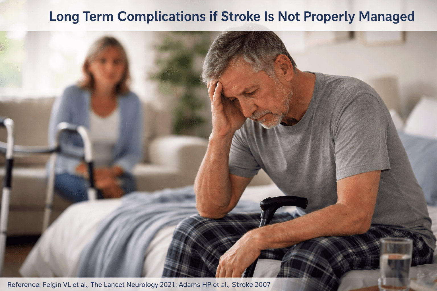 Long Term Complications If Stroke Is Not Properly Managed Elderly stroke survivor experiencing long term complications and reduced mobility in a home care setting