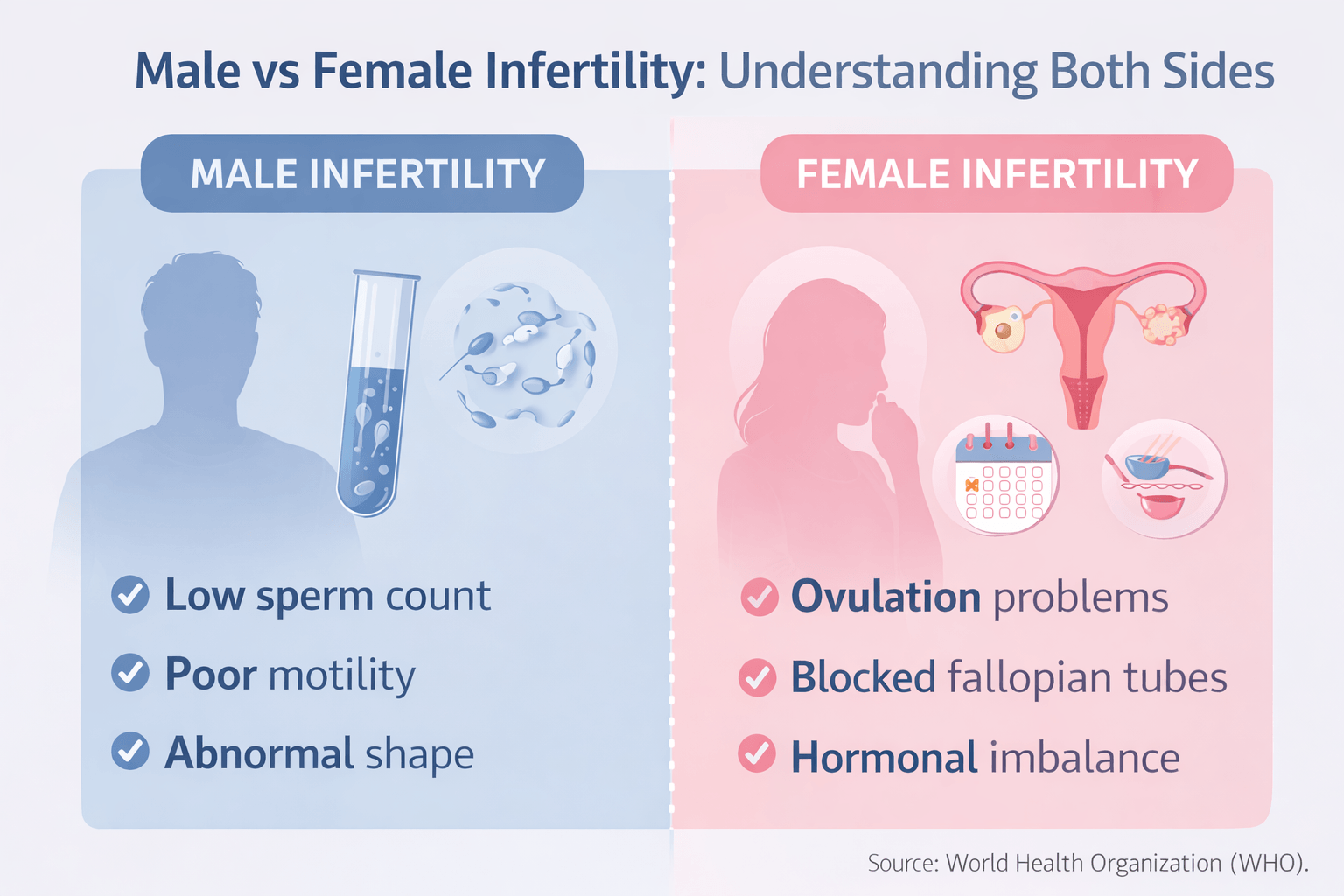 Illustration comparing male infertility and female infertility causes including low sperm count, poor sperm motility, ovulation disorders, blocked fallopian tubes, and hormonal imbalance.