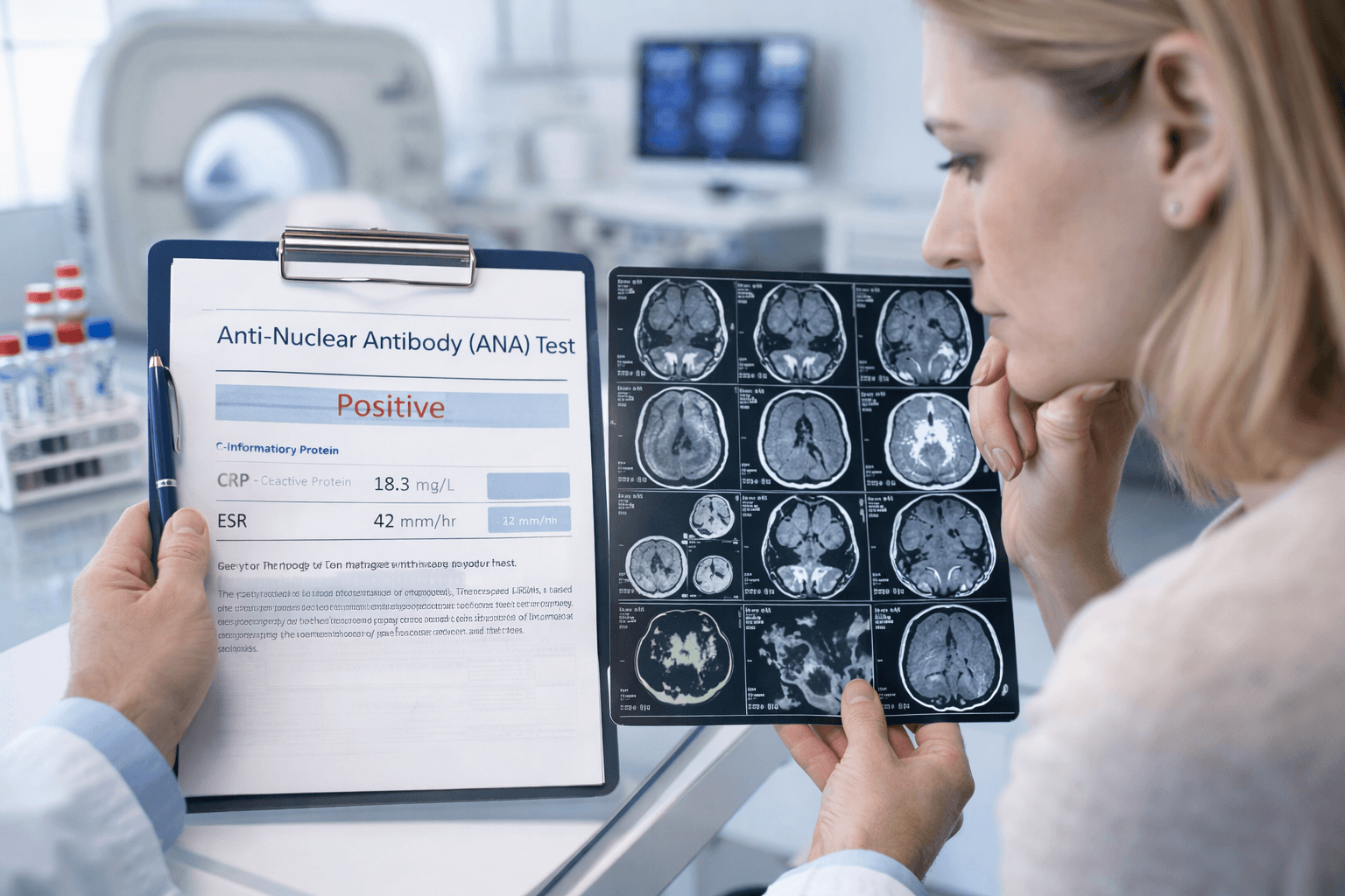 Doctor reviewing ana blood test results and mri scans used to diagnose autoimmune disease and systemic inflammation in a patient