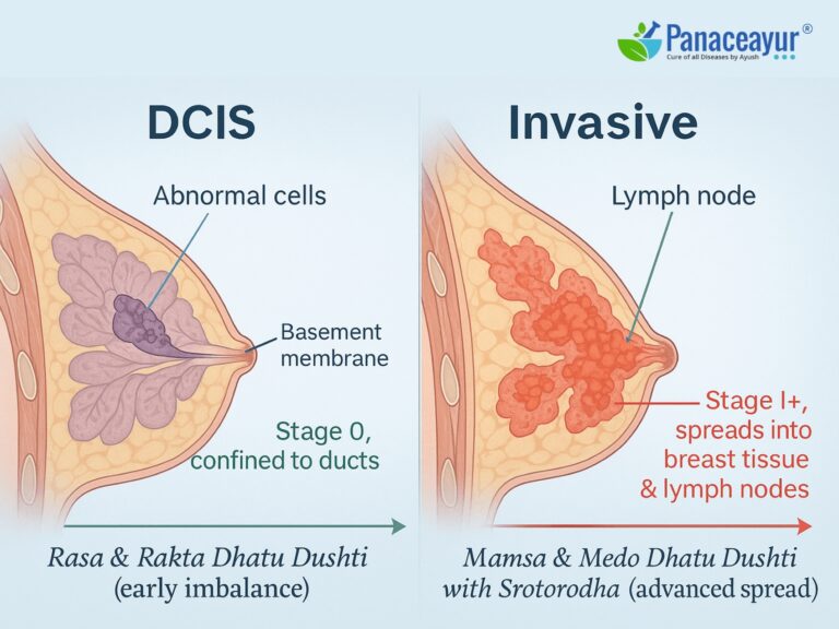 Medical illustration comparing DCIS and invasive breast cancer. DCIS shows abnormal cells confined within breast ducts, labeled Stage 0 with Ayurvedic annotation 'Rasa & Rakta Dhatu Dushti (early imbalance)'. Invasive breast cancer shows tumor spreading into surrounding tissue and lymph nodes, labeled Stage I+ with Ayurvedic annotation 'Mamsa & Medo Dhatu Dushti with Srotorodha (advanced spread)'
