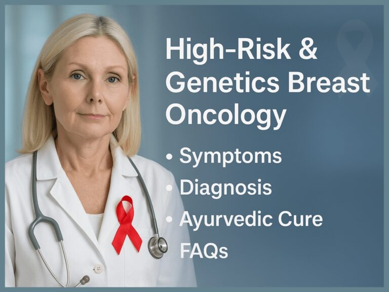 Middle-aged Caucasian female doctor in a white lab coat with a red breast cancer awareness ribbon, standing in a hospital setting next to educational text on High-Risk & Genetics Breast Oncology.