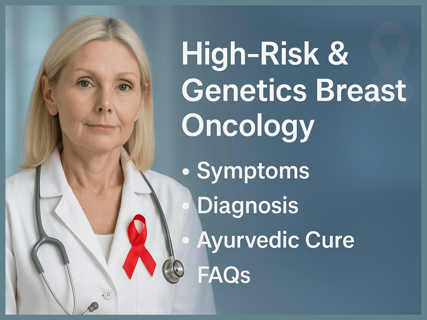 Middle-aged Caucasian female doctor in a white lab coat with a red breast cancer awareness ribbon, standing in a hospital setting next to educational text on High-Risk & Genetics Breast Oncology.
