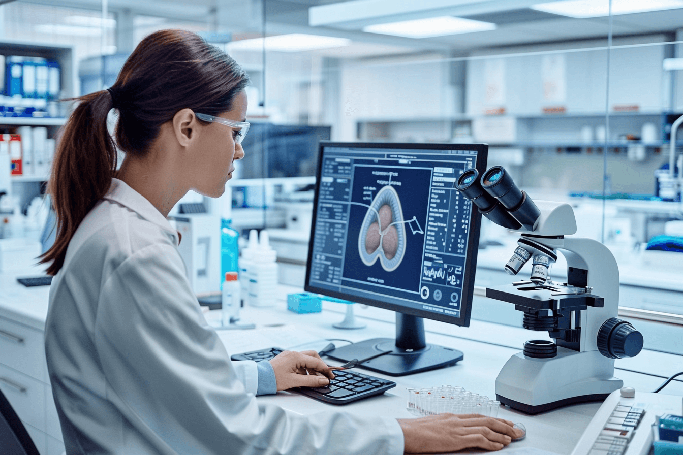 Medical researcher studying hormonal data related to pcos and metabolic health in a laboratory.