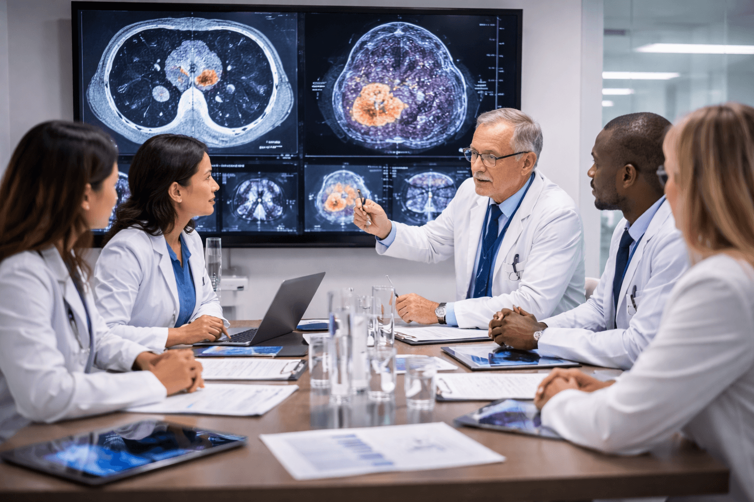 Multidisciplinary oncology team reviewing pet and ct scans during hospital tumor board meeting in modern clinical setting