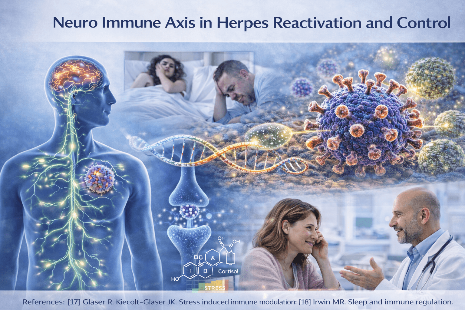 Photorealistic clinical image showing the neuro immune axis in herpes, with a real herpes simplex virus micrograph, a patient in a white and blue clinical setting, and nervous system stress influencing immune control of viral reactivation.