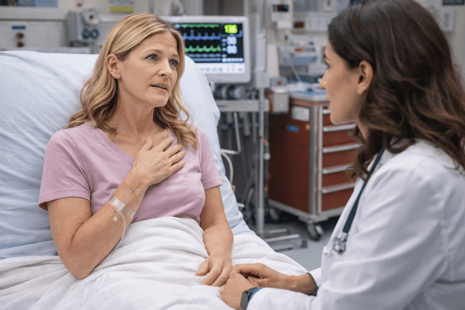 Fair skinned middle aged woman in hospital bed with iv speaking to physician during emergency oncology evaluation