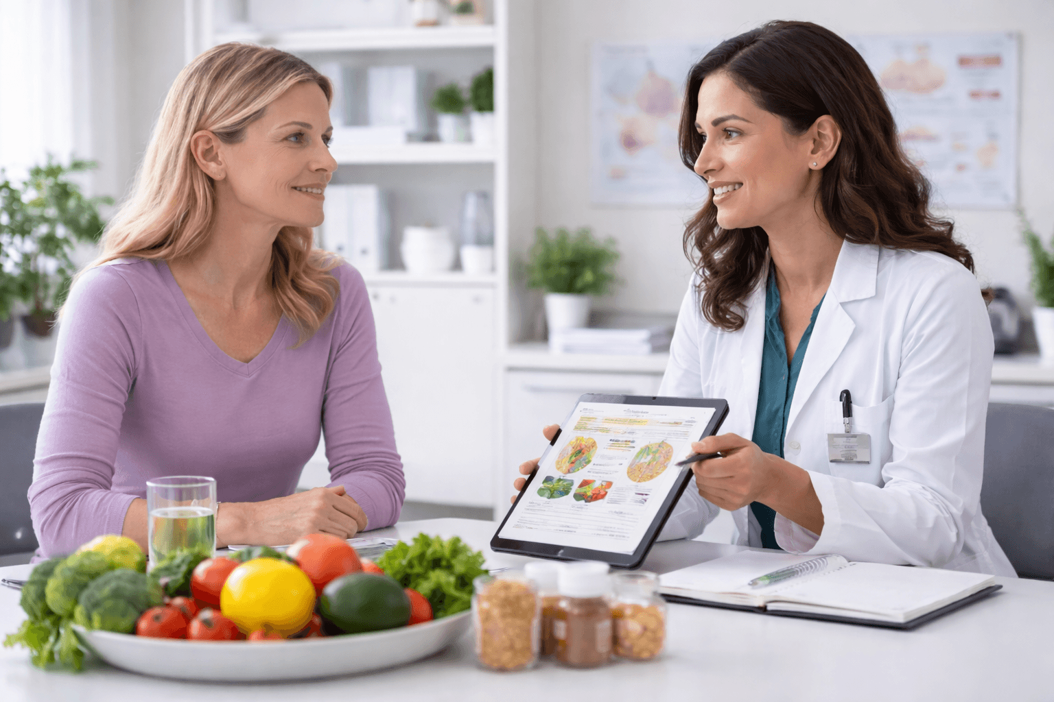 Fair skinned middle aged woman discussing structured cancer nutrition and metabolic plan with clinical dietitian in medical office