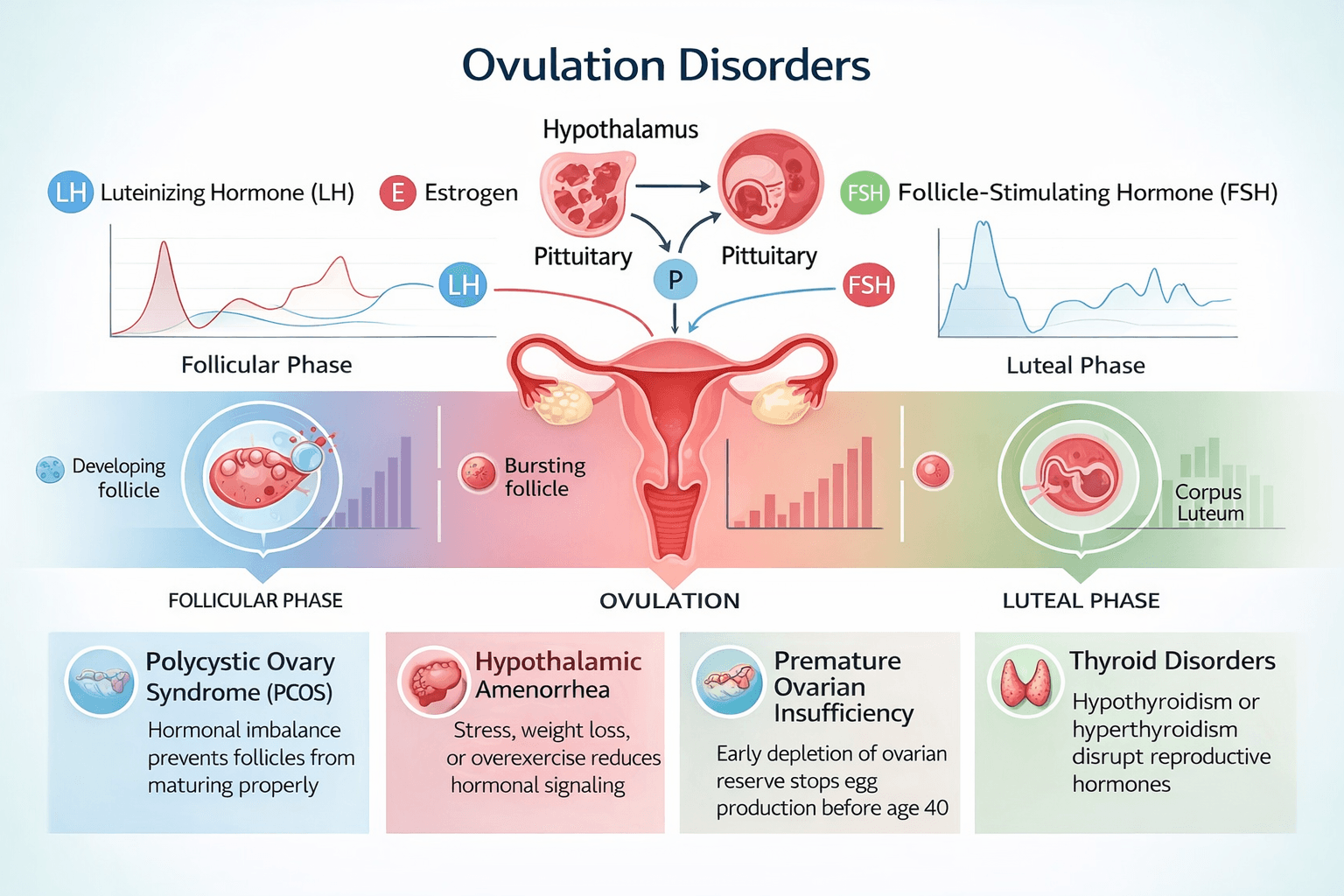 Medical infographic showing ovulation disorders and hormonal regulation of the female reproductive cycle including pcos hypothalamic amenorrhea premature ovarian insufficiency and thyroid disorders affecting ovulation.