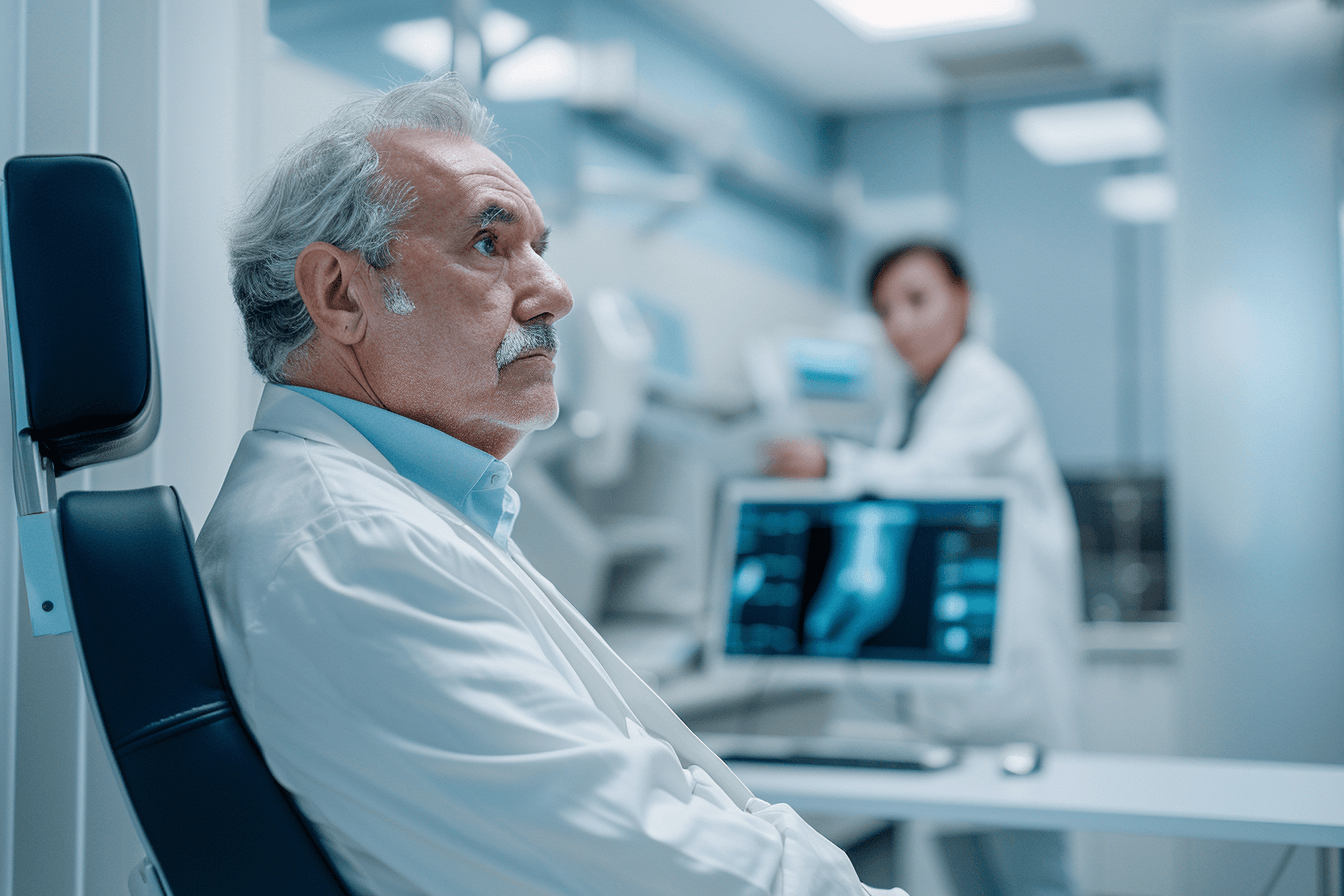 Pancreatic Cancer Recurrence Risk And Post-Treatment Monitoring Patient reviewing follow-up medical reports with doctor, representing recurrence risk and persistence of pancreatic cancer after treatment