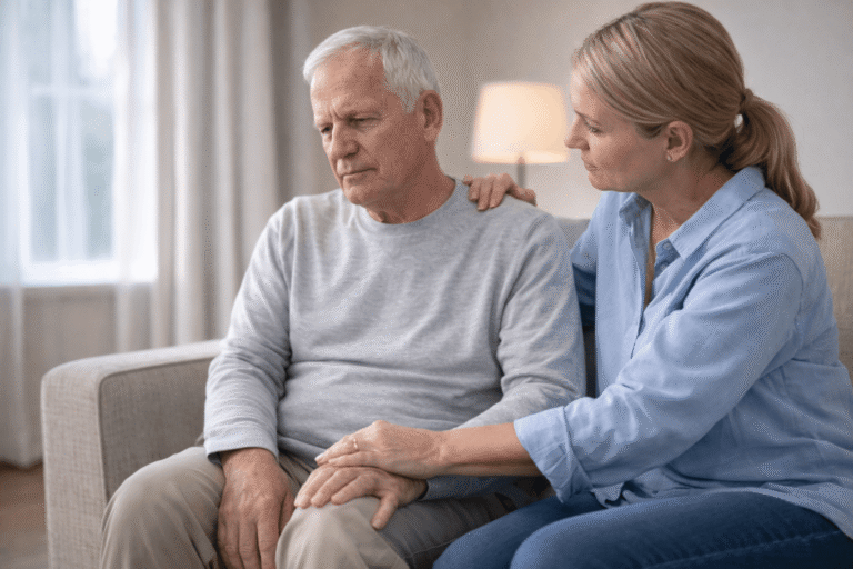 Neurologist consulting with older male patient about Parkinson’s disease in a modern clinical setting