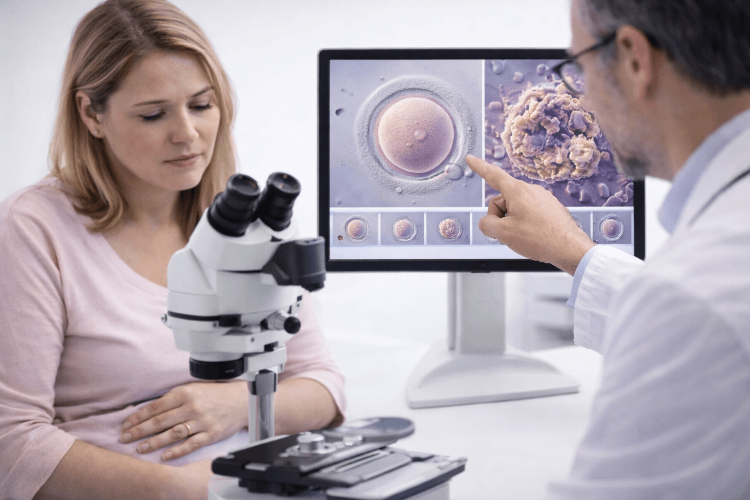Poor Egg Quality And Maternal Age Fertility specialist showing petri dishes containing healthy and poor quality eggs to a woman during reproductive consultation explaining the effect of maternal age on egg quality and miscarriage risk