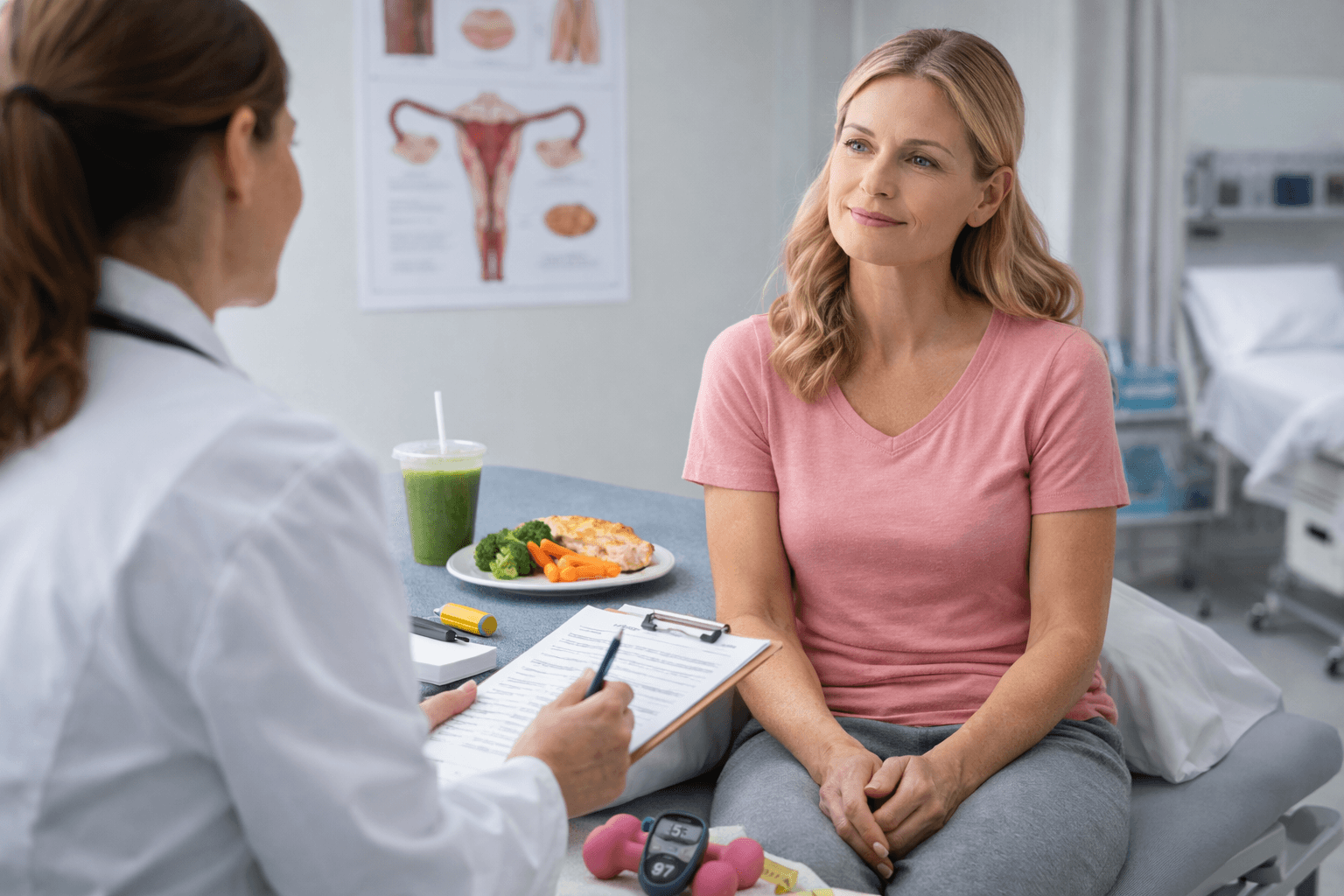 Middle aged fair skinned woman discussing nutrition and lifestyle plan with doctor before breast cancer surgery in clinical setting