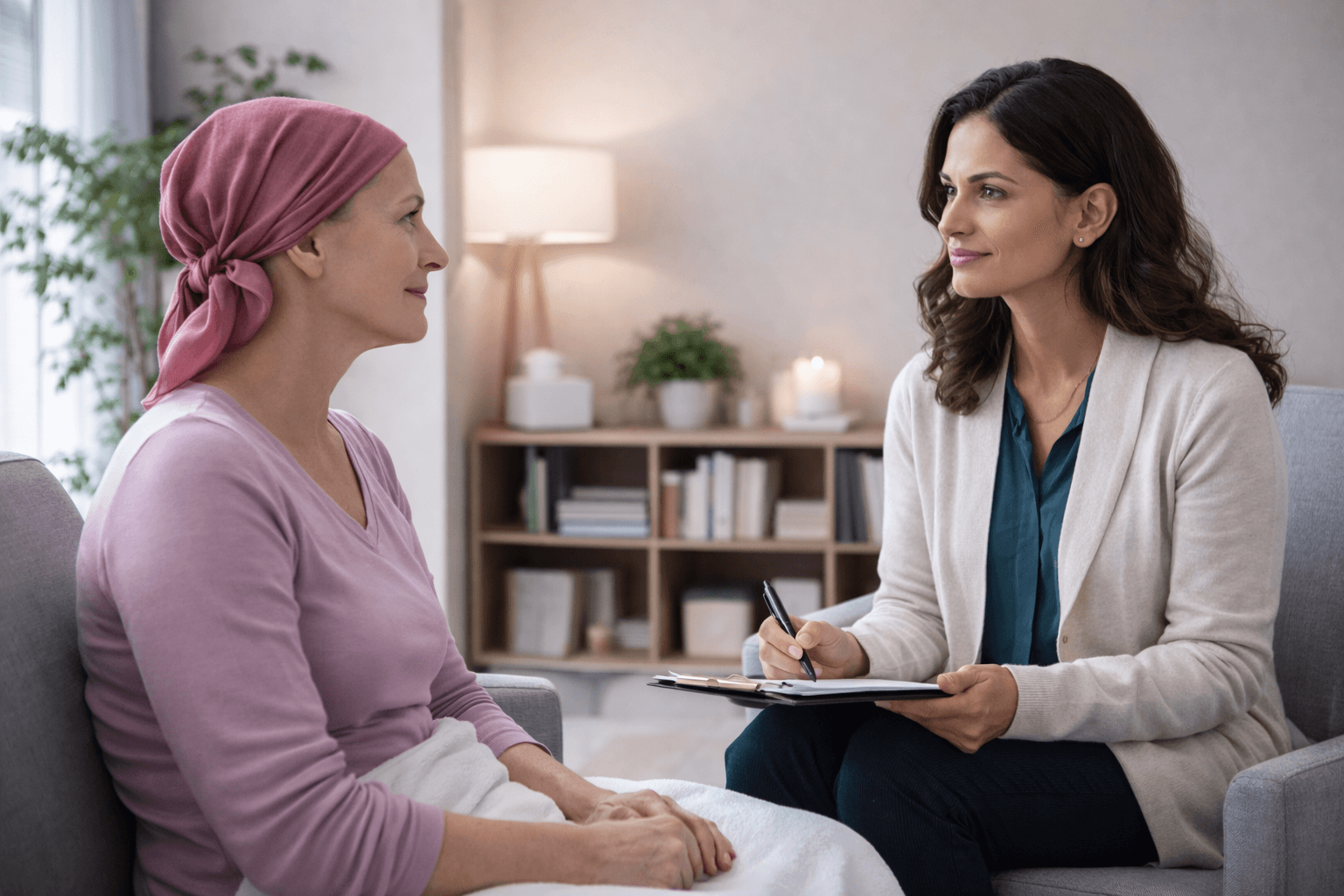 Fair skinned breast cancer patient in headscarf speaking with therapist during psycho oncology counseling session