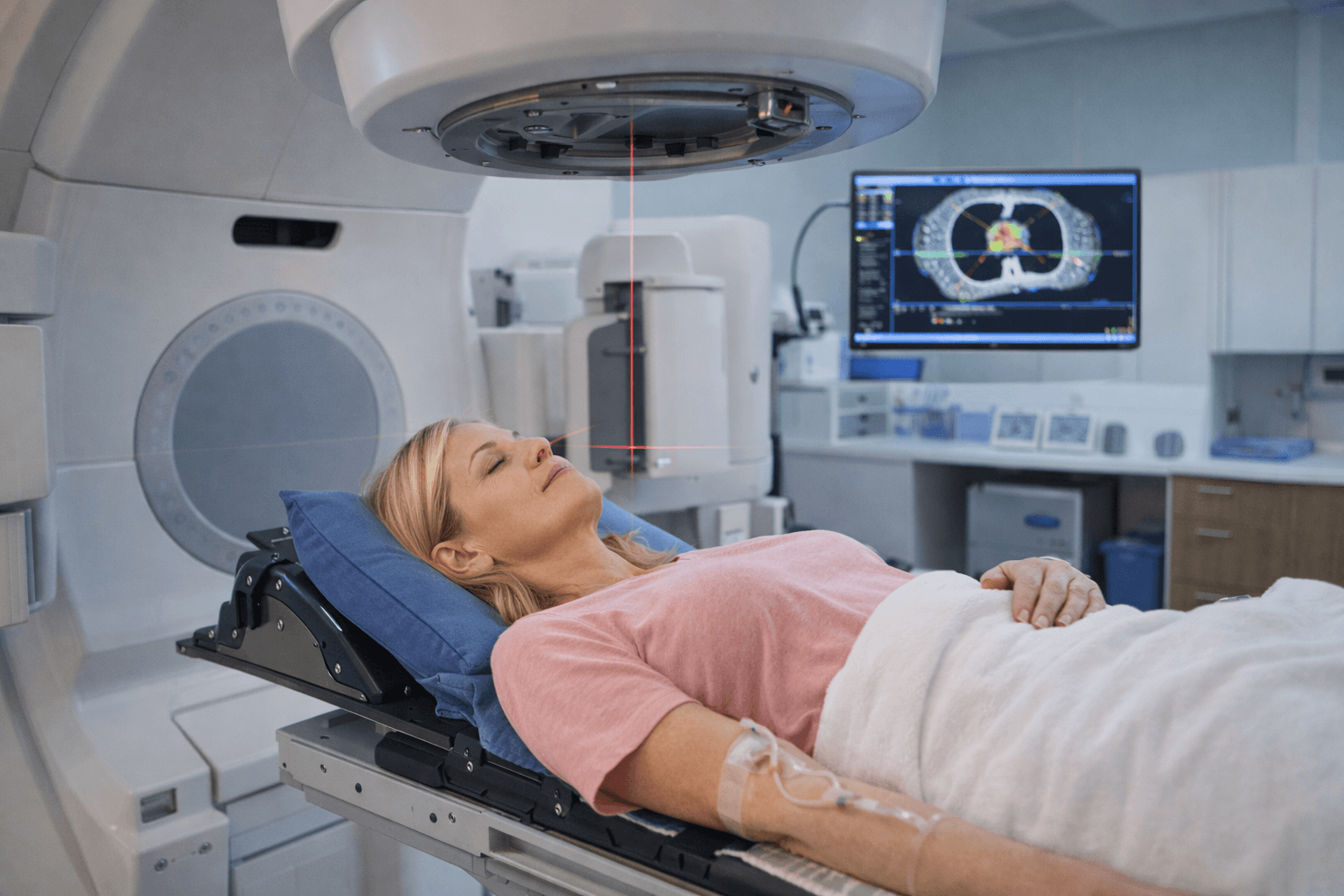 Middle aged fair skinned woman undergoing breast cancer radiation therapy on linear accelerator in modern oncology center