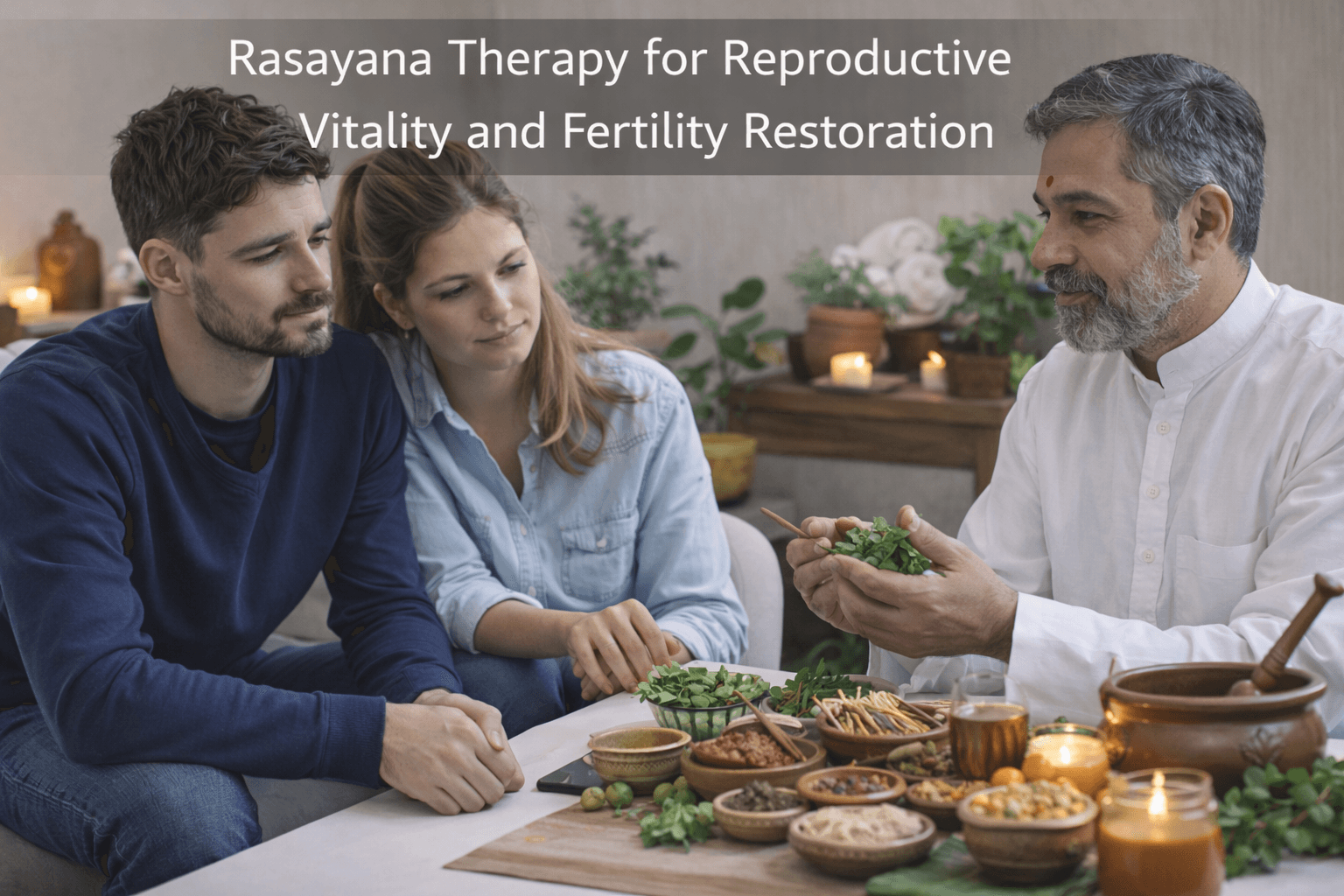 Ayurvedic doctor explaining rasayana therapy with medicinal herbs to a couple seeking natural fertility restoration and reproductive vitality.