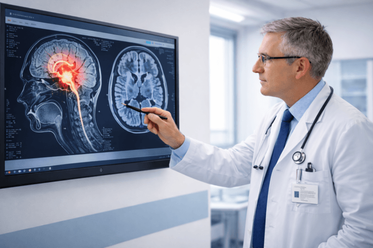 Doctor pointing at skull base MRI in a clinical radiology room for accurate diagnosis of skull base tumor Title attribute