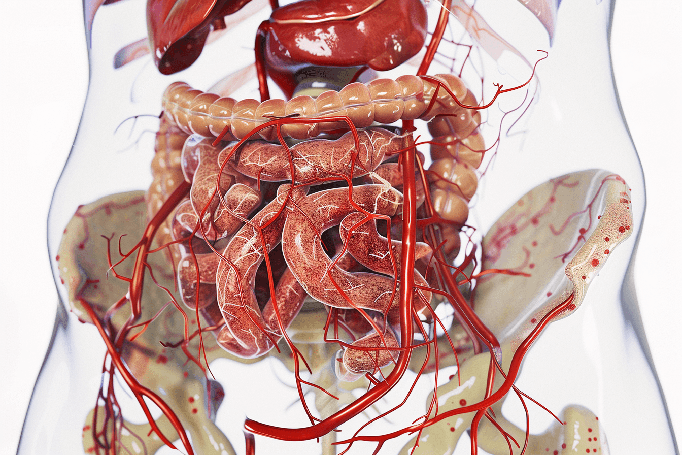 Medical illustration showing obstruction in abdominal blood vessels and pancreatic ducts representing srotas blockage in pancreatic cancer with reduced flow and tissue impact