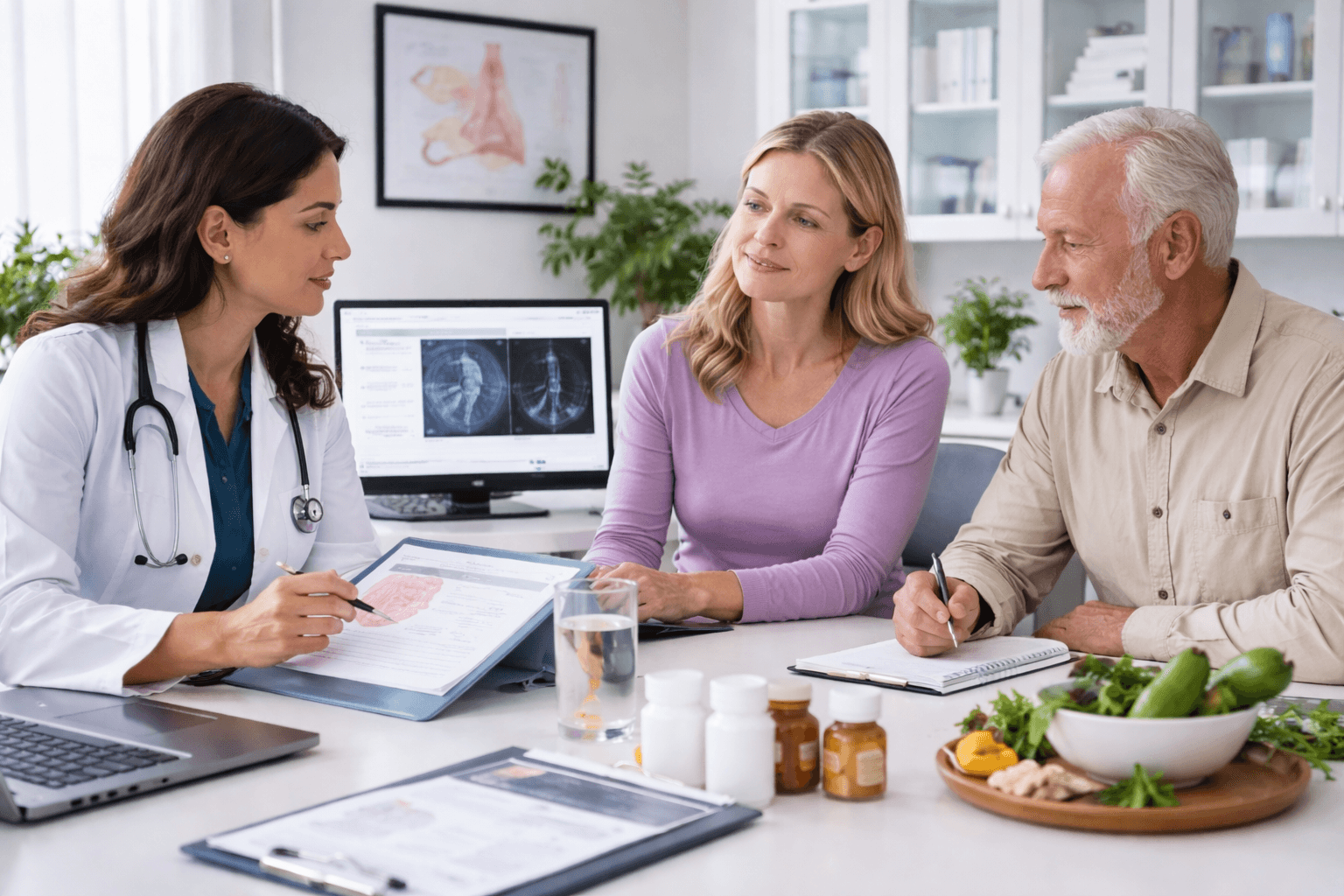 Structured Oncology Care Model And Parallel Integrative Support Consultation Breast cancer patient discussing structured oncology treatment plan with doctor in modern clinical setting