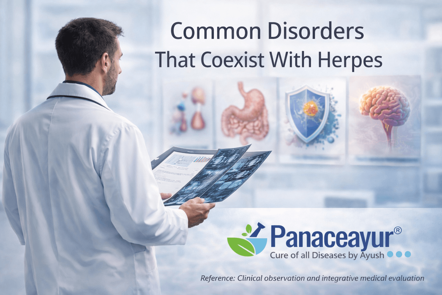 Common Disorders Associated With Herpes Infection Doctor reviewing multiple medical conditions commonly associated with herpes including digestive, immune, hormonal, and neurological disorders