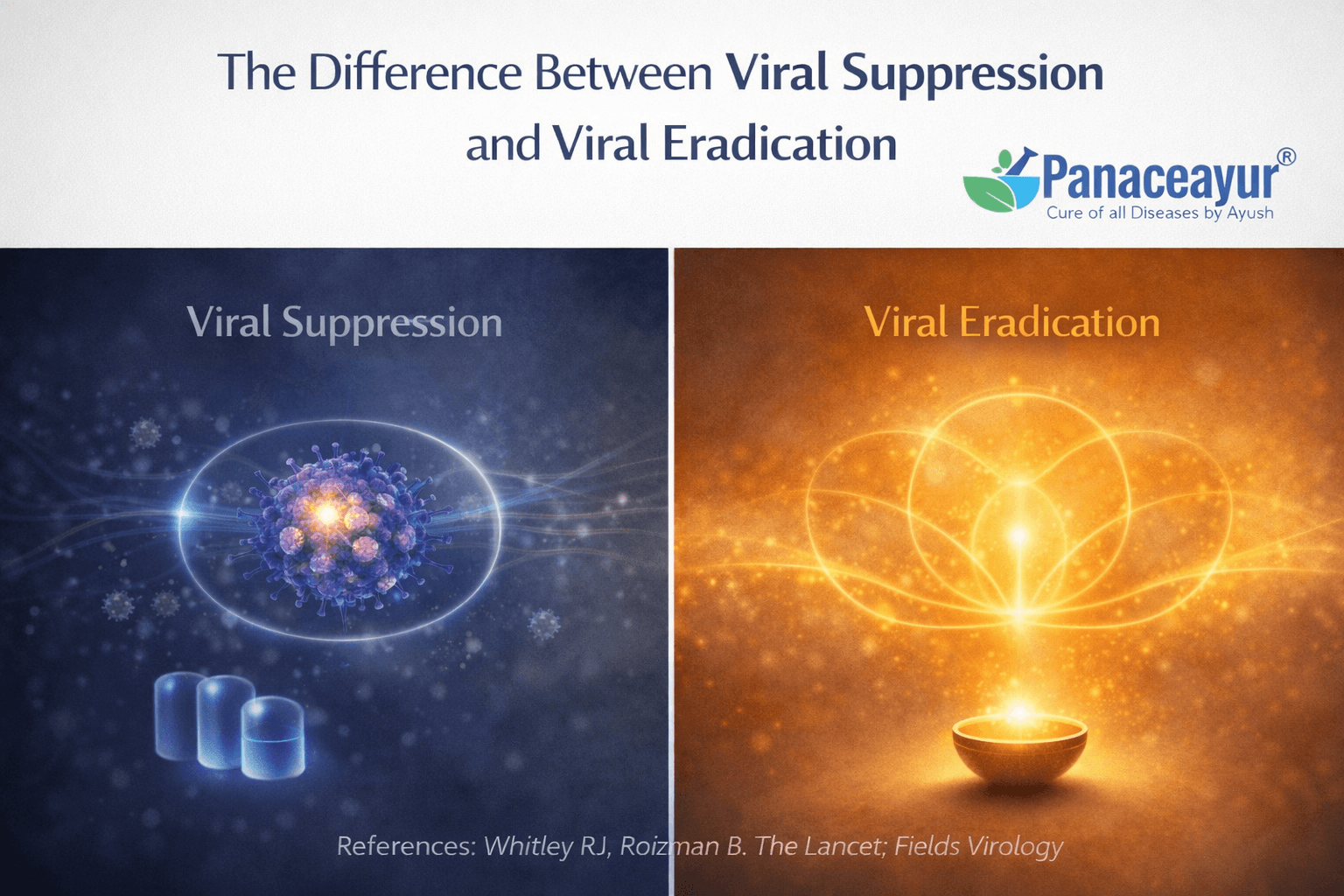Minimal clinical editorial illustration contrasting viral suppression with viral eradication, showing controlled dormant herpes virus versus complete biological resolution through systemic balance