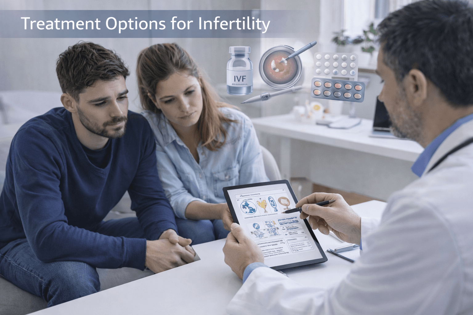 Doctor explaining infertility treatment options such as ivf, medications, and assisted reproductive techniques to a couple during fertility consultation in a modern reproductive clinic.