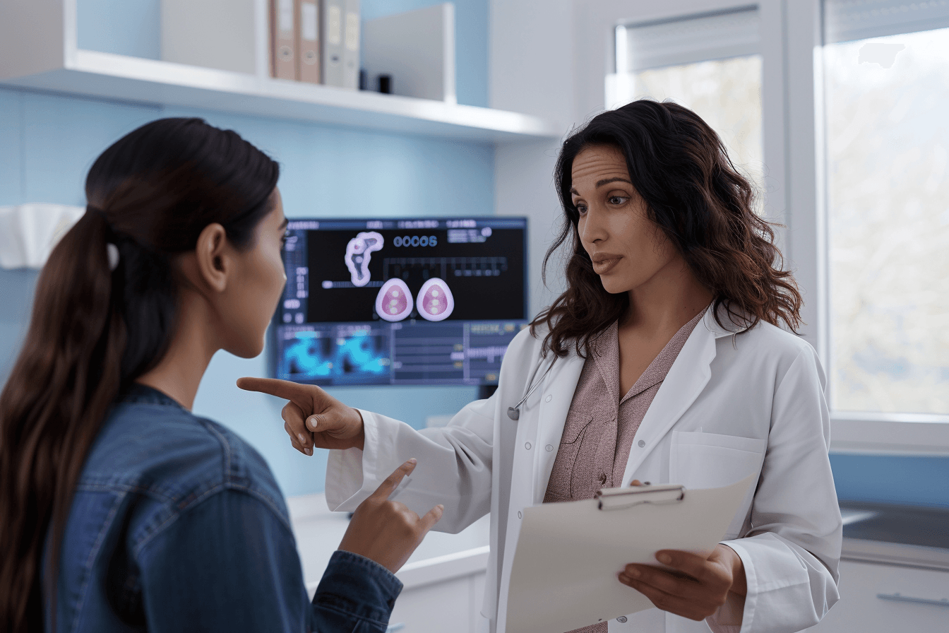 Doctor explaining pcos and ovulation failure to a female patient during fertility consultation with ovary diagram in clinic