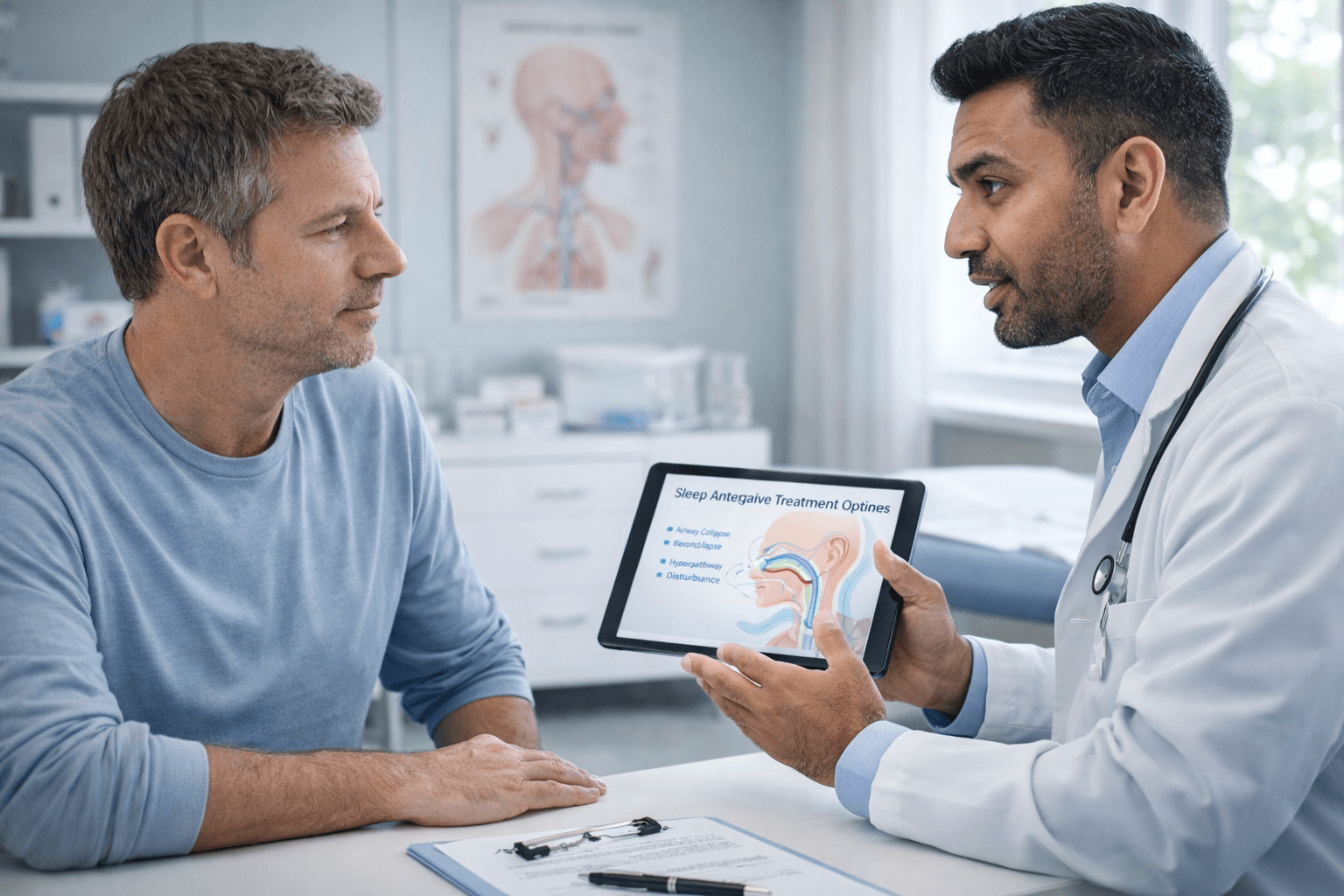 Understanding The Root Cause Of Sleep Apnea Through Integrative Medical Consultation Doctor explaining sleep apnea airway obstruction and treatment options to patient during medical consultation