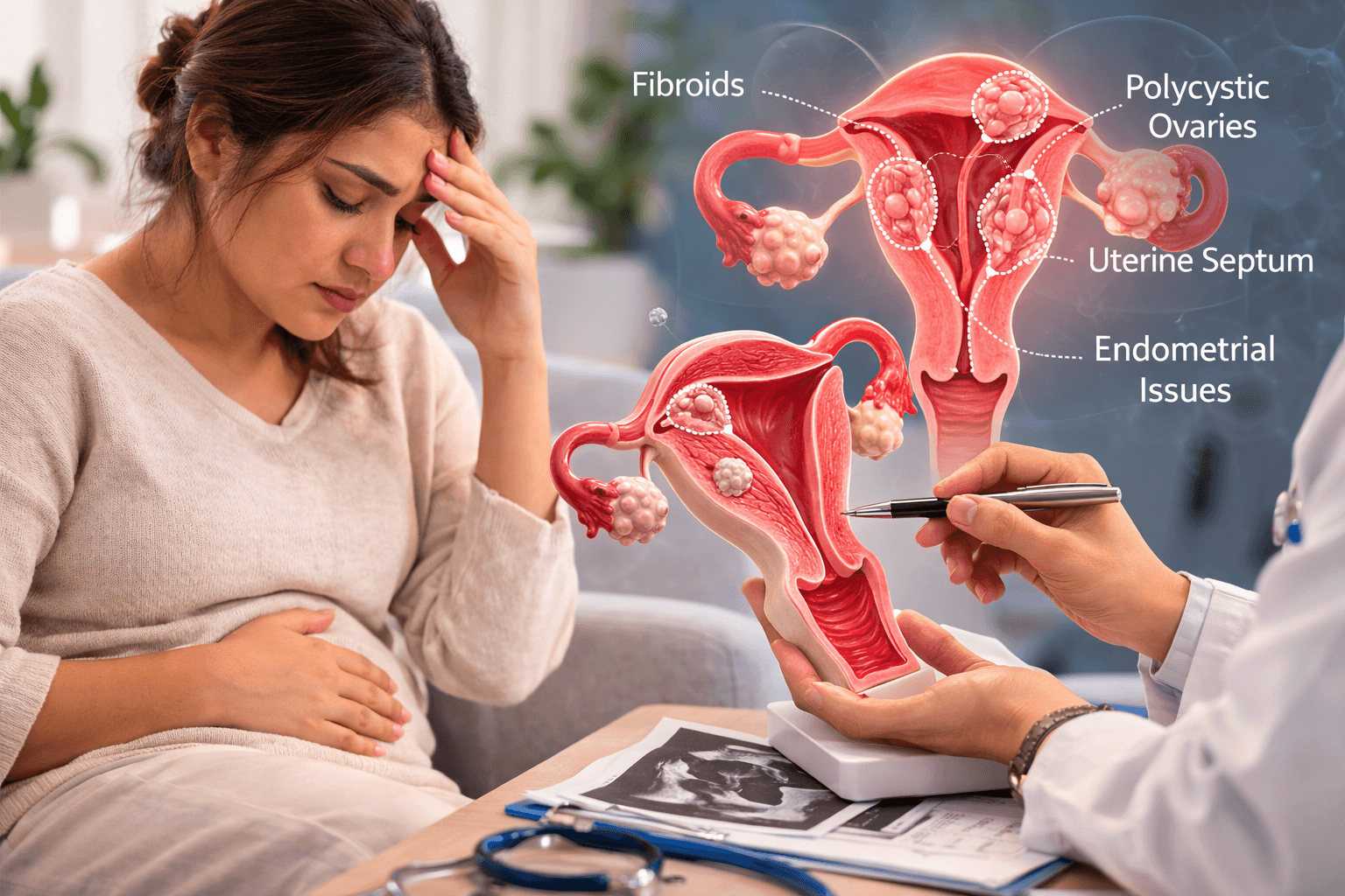 Uterine Abnormalities And Miscarriage Risk Woman experiencing lower abdominal discomfort with medical illustration of uterine abnormalities including fibroids, septate uterus, and polycystic ovaries that may increase miscarriage risk