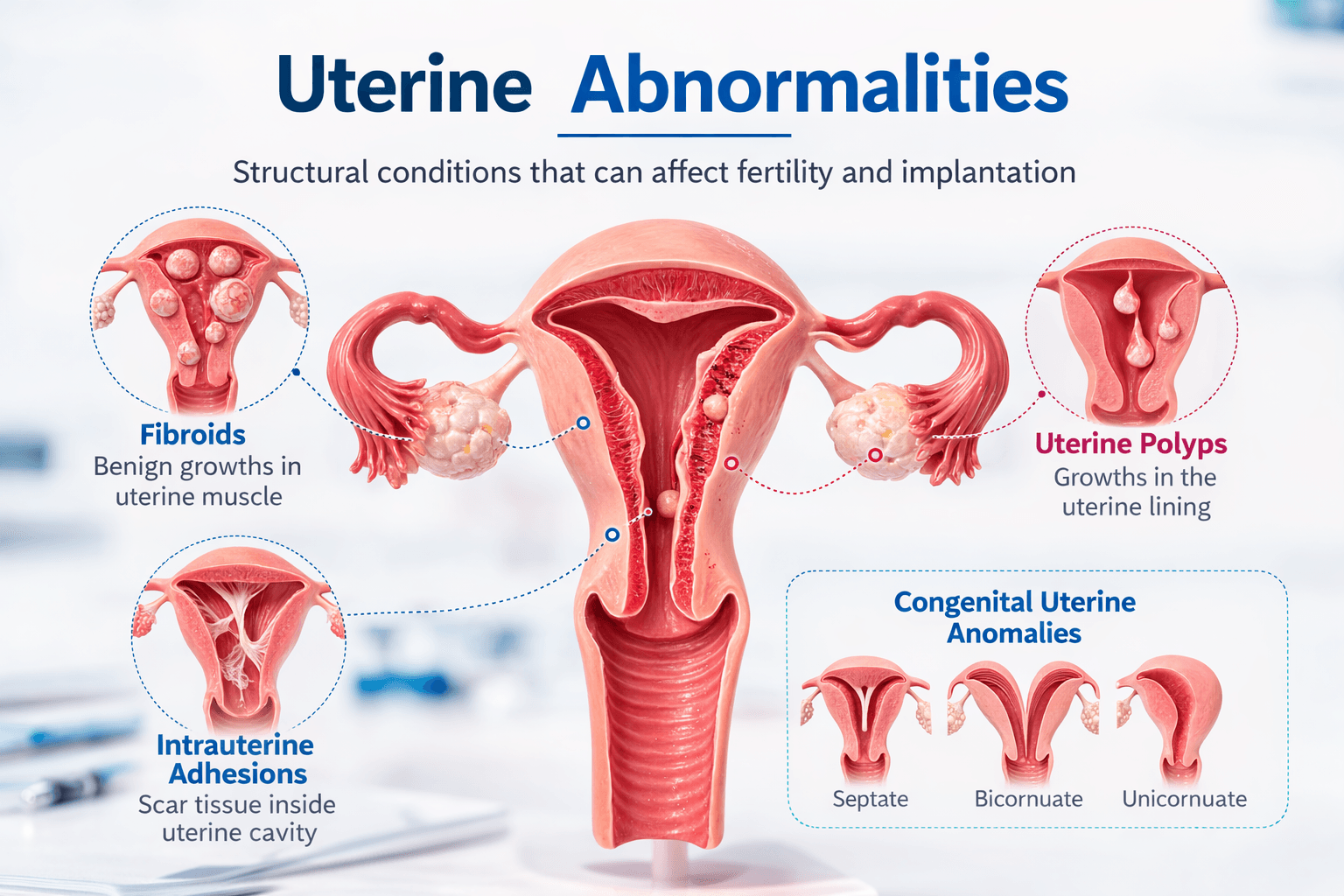 Medical illustration showing uterine abnormalities such as fibroids uterine polyps congenital uterine anomalies and intrauterine adhesions that can affect fertility.