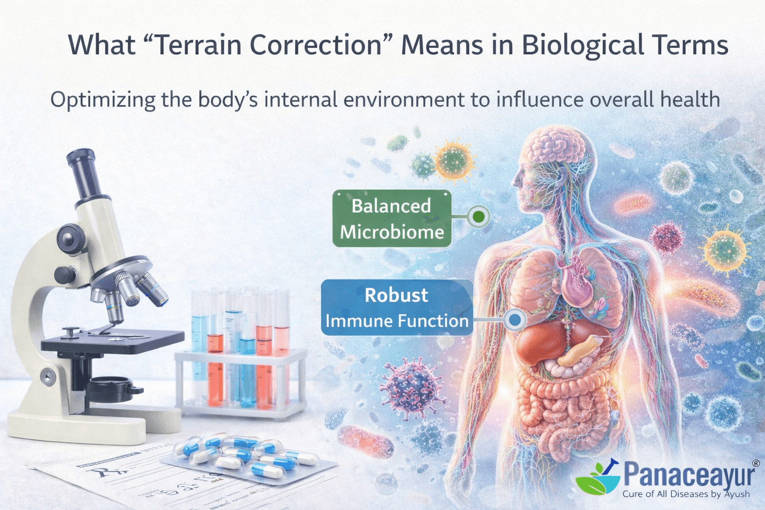 Editorial flat-lay image illustrating the concept of terrain correction in biological terms, showing clinical notes on metabolism, immunity, tissue balance, and stress regulation to explain how internal biological conditions influence long-term herpes stability