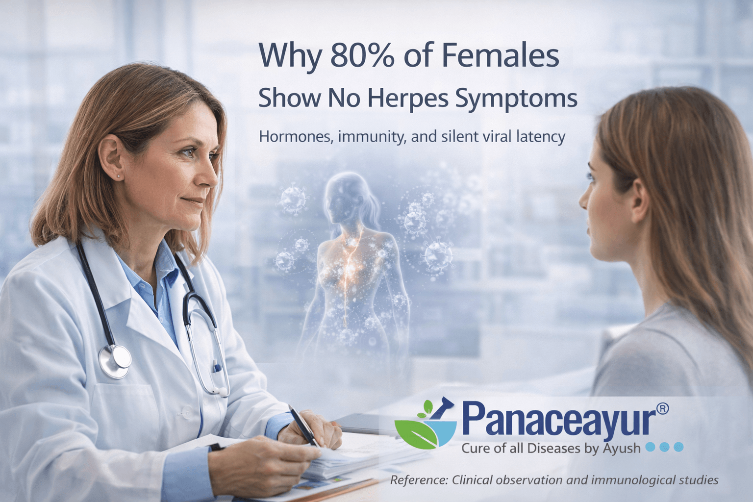 Clinical consultation illustrating why most females with herpes remain asymptomatic due to immune strength, hormonal balance, and latent viral behavior