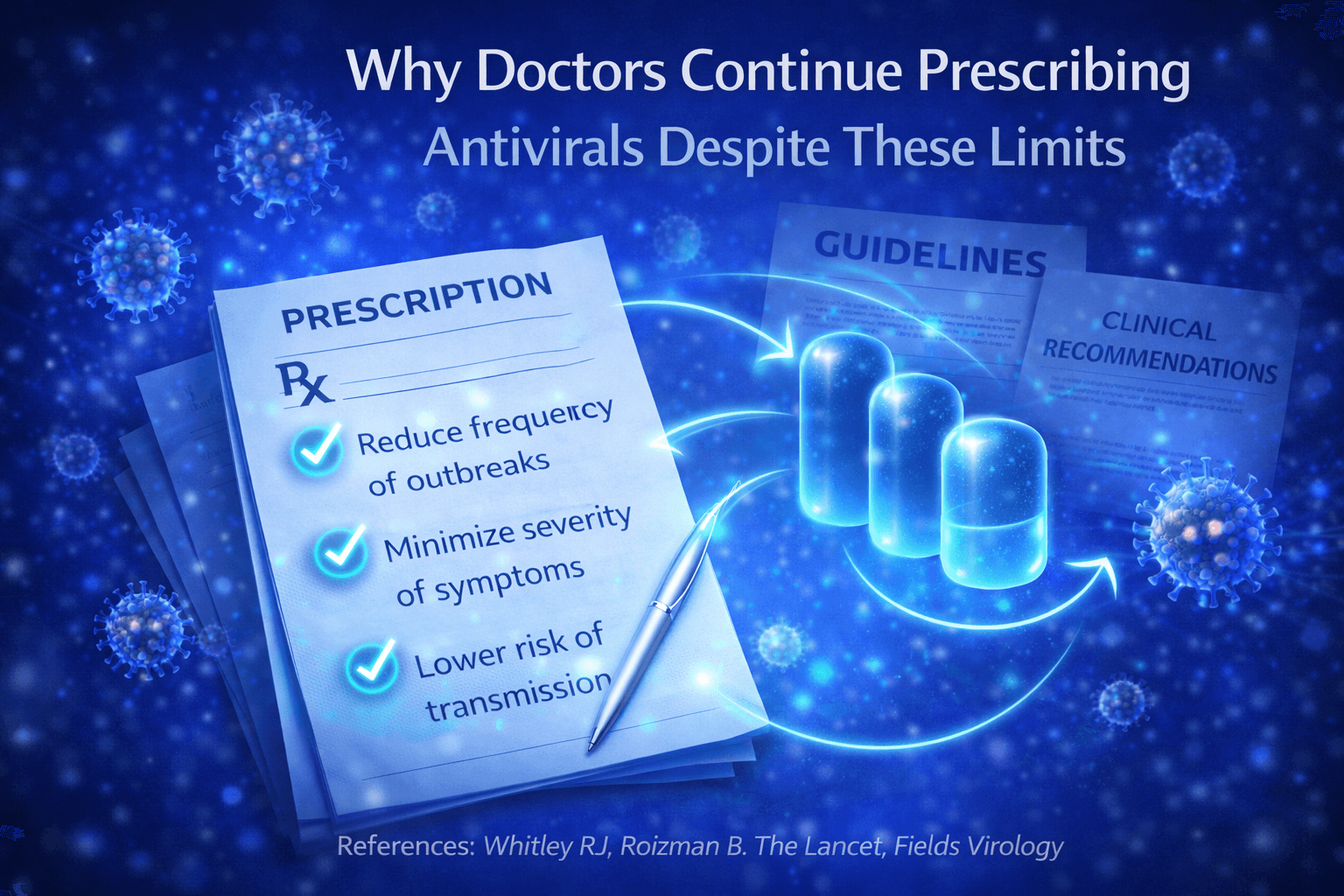 Clinical conceptual illustration showing prescription guidelines and antiviral medications, explaining why doctors continue prescribing antivirals to control herpes outbreaks despite limitations in eliminating latent virus