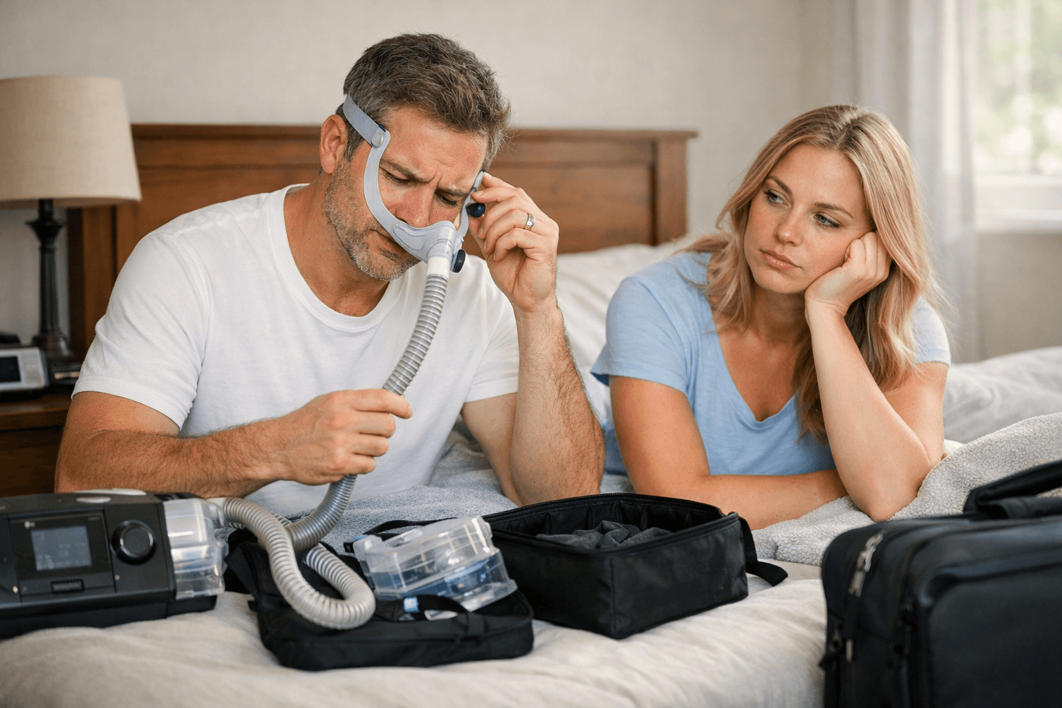 Why Many Patients Look For Alternatives To Cpap Treatment Patient struggling with cpap mask while partner looks concerned during sleep apnea treatment discussion
