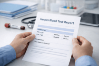 Calm clinical image of a person reviewing a herpes blood test result without visible symptoms
