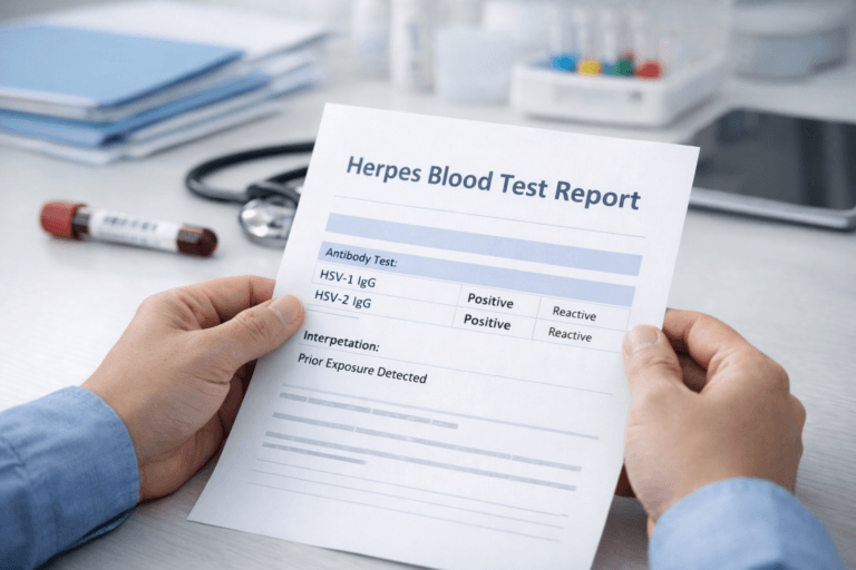 Calm clinical image of a person reviewing a herpes blood test result without visible symptoms
