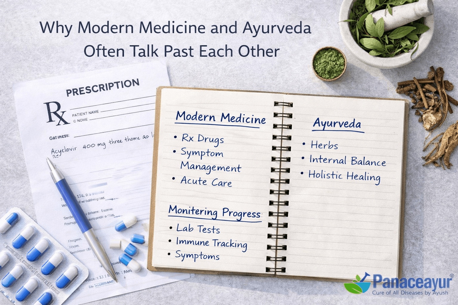 Editorial flat-lay photograph showing clinical documents, medical notes, and reference materials arranged side by side, representing differing medical frameworks and why modern medicine and ayurveda often interpret long-term health outcomes through different evaluative lenses